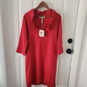 Crown Line Red Linen Ruffle Neck Dress